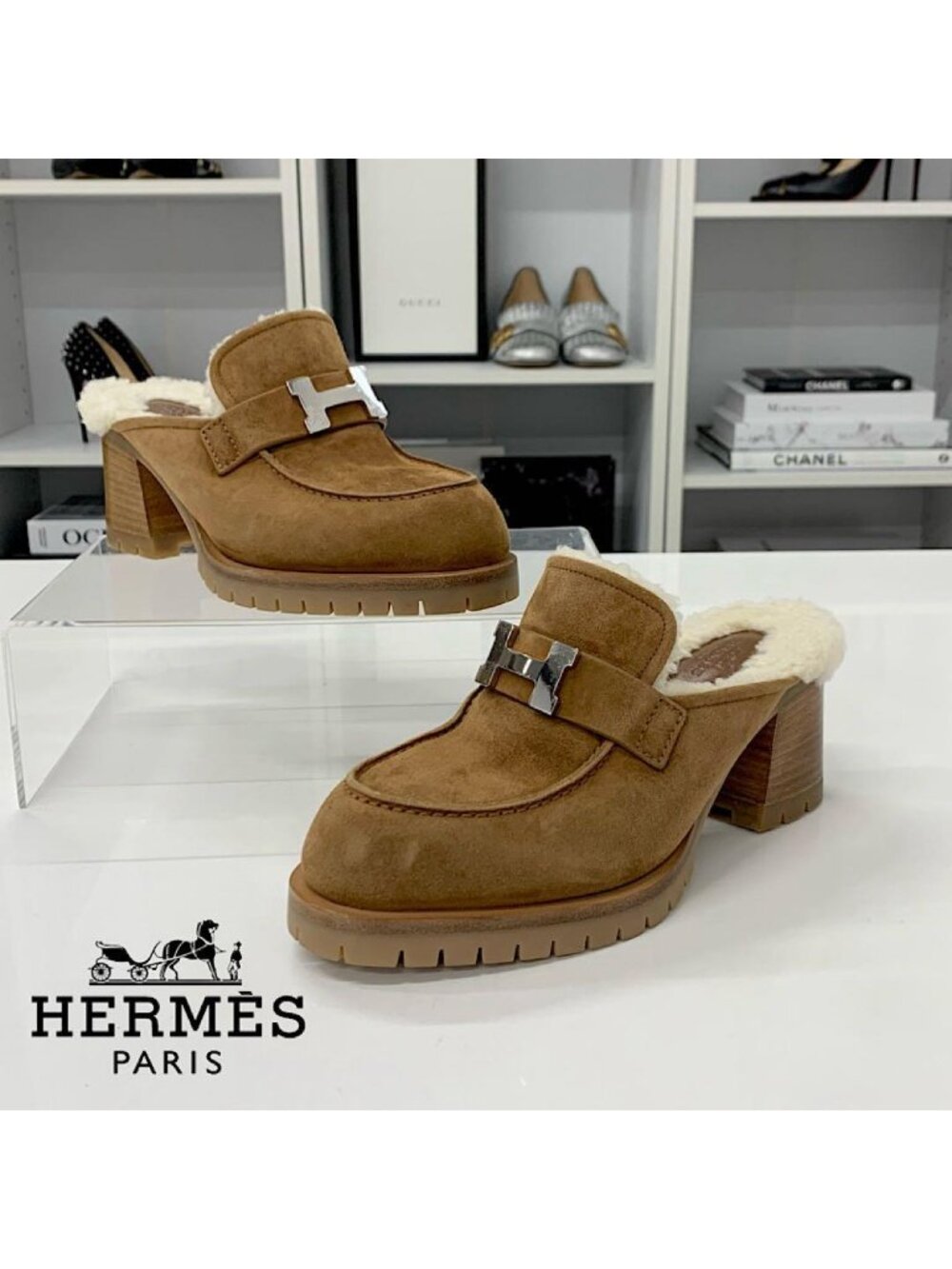 Hermes Suede H Fleece Sandals Brown
